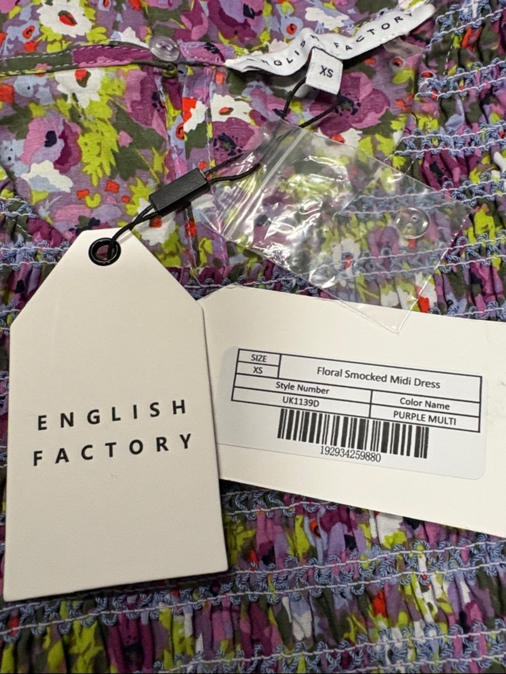 NWT English Factory Floral Smocked Midi Dress - XS purple multi - Picture 7 of 8